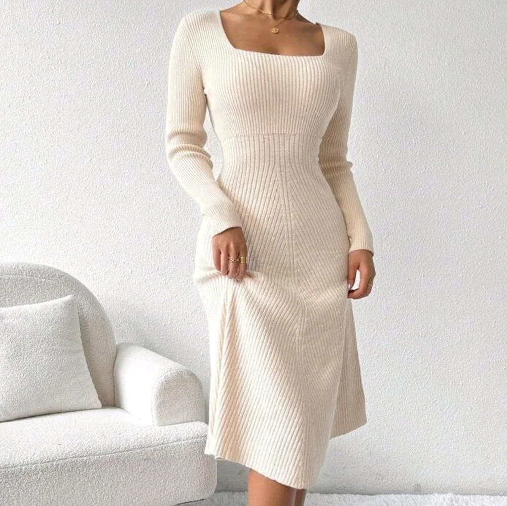 Solid Color Square Collar Ribbed Knit Casual Long Sleeve Dress - Picture 4 of 5
